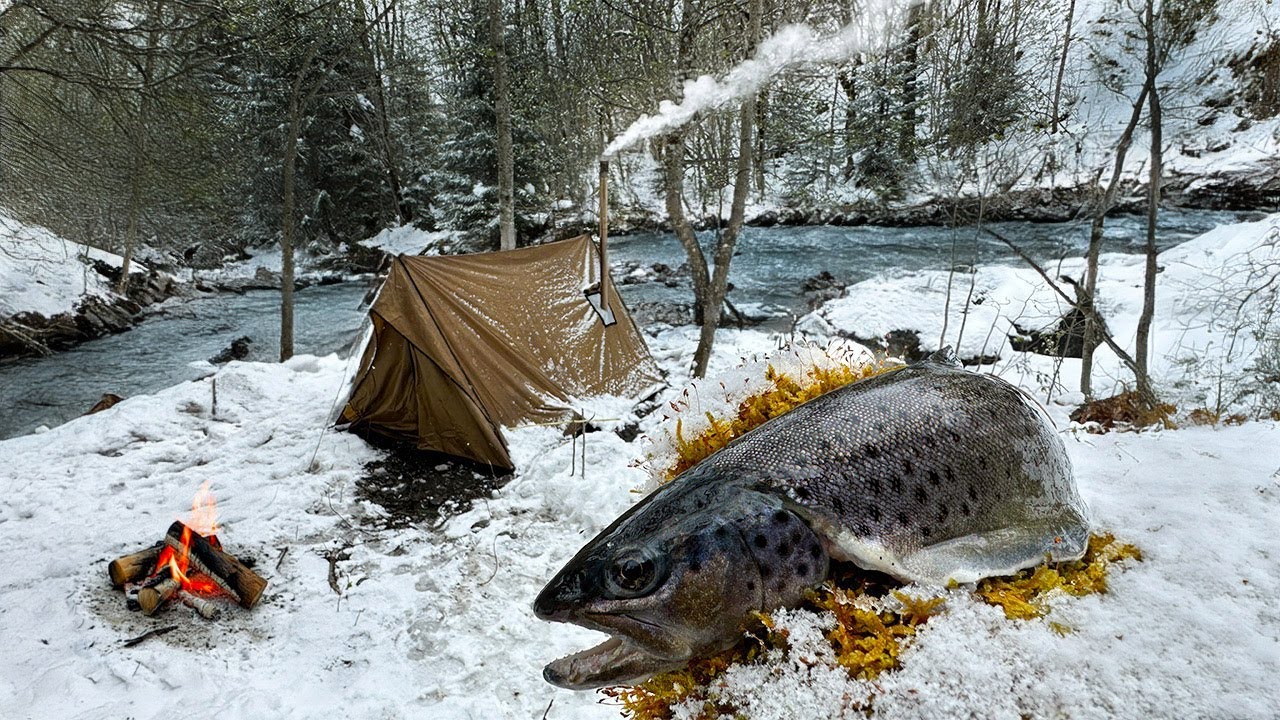 Hot Tent Camping in deep Winter & Catch and Cook img