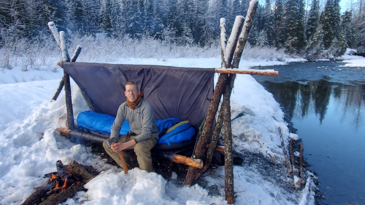 HOT ROCKS in my Bushcraft Cot - Winter Camping in Alaska with a Survival Shelter img